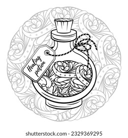Bottle with magic calming potion. Black and white vector graphic. Antistress coloring page.