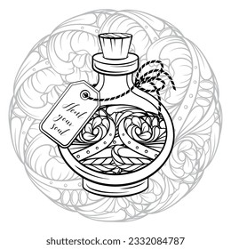 Bottle with magic calming potion. Black and white vector graphic. Antistress coloring page.