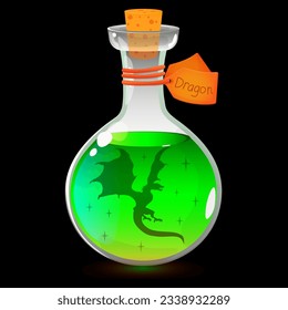 A bottle with a magic dragon, a green potion, in a cartoon style. Vector. Year of the Dragon.