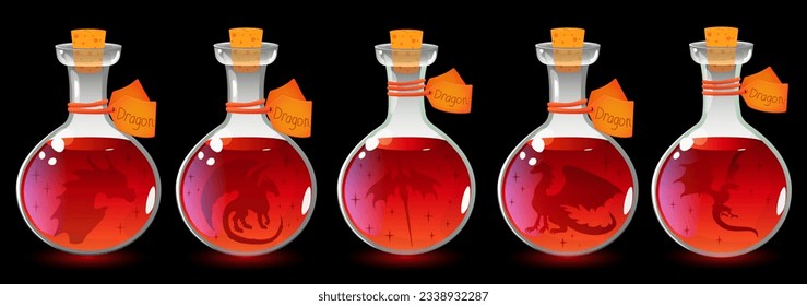 Una botella con un dragón mágico, una poción, al estilo de una caricatura. Vector. Año del dragón