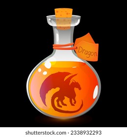 A bottle with a magic dragon, a potion, in a cartoon style. Vector. Year of the Dragon.