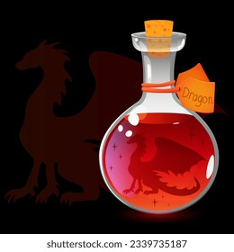 Una botella con un dragón mágico, una poción, al estilo de una caricatura. Vector. Año del dragón