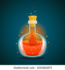 Bottle of magic elixir with flame