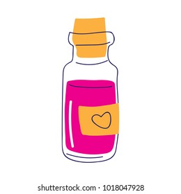 Bottle with magic elixir. Love potion with heart symbol, Chemistry of Love Concept, Valentines day postcard.Vector illustration in flat style isolated on white background.