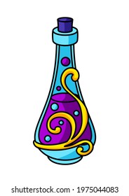 Bottle with magic elixir or potion. Mystic, alchemy, spirituality, tattoo art.