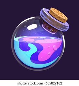 Bottle of magic. Game icon of magic elixir. Interface for rpg or match3 game. Blue and violet. Big variant. Vector illustration