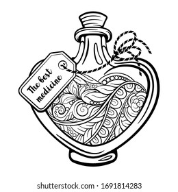 Bottle with magic healing potion. Black and white vector graphic. Antistress coloring page.