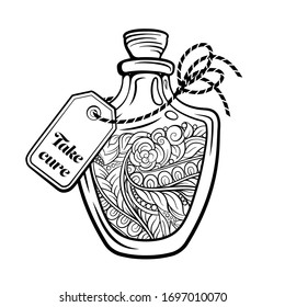 Bottle with magic healing potion. Black and white vector graphic. Antistress coloring page.