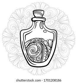 Bottle with magic healing potion. Black and white vector graphic. Antistress coloring page.