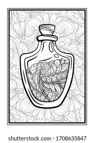 Bottle with magic healing potion on a tracery background. Black and white vector graphic. Antistress coloring page.