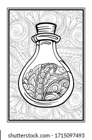 Bottle with magic healing potion on a tracery background. Black and white vector graphic. Antistress coloring page.