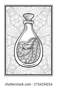 Bottle with magic healing potion on a tracery background. Black and white vector graphic. Antistress coloring page.