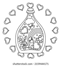 Bottle with magic love potion. Rainbow, hearts, butterflies, flowers. Romantic composition. Coloring book for girls. Vector black and white illustration.