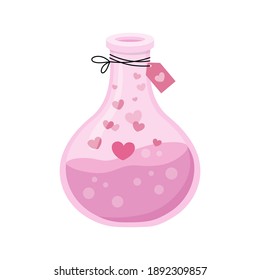 Bottle with magic love potion and tag. Valentine's day theme. Vector illustration for celebration cards, print, web applications, mobile and infographics isolated on white background. 