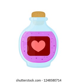 Bottle of magic pink love elixir potion. Vector flat cartoon illustration icon design. Isolated on white background. Love elixir  potion in bottle concept