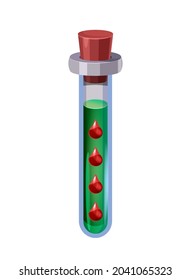 Bottle magic potion with blood, test tube. Game icon asset, glass, liquid elixir, poisine, flask, Vector illustration cartoon for game, app UI