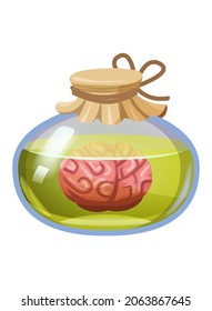 Bottle magic potion with brain. Game icon asset, glass, liquid elixir, poisine, flask, Vector illustration cartoon for game, app UI