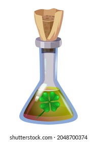 Bottle magic potion with clower. Game icon asset, glass, liquid elixir, poisine, flask, Vector illustration cartoon for game, app UI