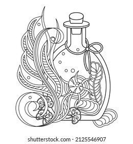 A bottle with a magic potion. Coloring page. Sea inside the vessel, plants and shells. Hand grawn vector illustration