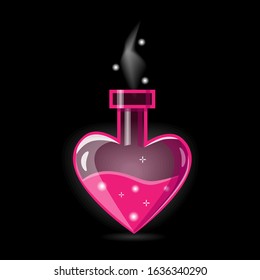 Bottle with Magic Potion. Elements for Game Design, RPG, Icons. Heart Shape and Pink Color Pot with Magical Elixir of Love. Vector illustration Isolated on black.