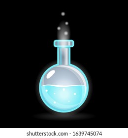 Bottle with Magic Potion. Elements for Game Design, RPG, Icons. Round Shape and Blue Color Pot with Magical Elixir of Mana . Vector illustration Isolated on black.