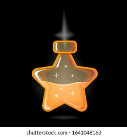 Bottle with Magic Potion. Elements for Game Design, RPG, Icons. Star Shape and Orange Color Pot with Magical Sand. Vector illustration Isolated on black.
