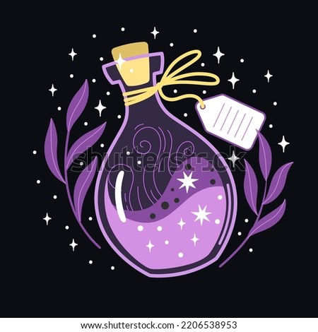 A bottle with magic potion in fantasy style on a dark background. Flat vector illustration of vial with swirl liquid and rope tied tag making occult impression