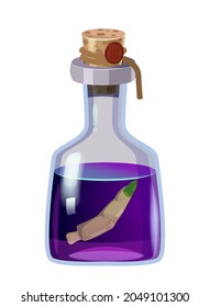 Bottle magic potion with finger. Game icon asset, glass, liquid elixir, poisine, flask, Vector illustration cartoon for game, app UI