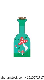 Bottle with magic potion and fly agaric on  white background. Vector illustration, flat, isolated.