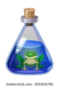 Bottle magic potion with frog. Game icon asset, glass, liquid elixir, poisine, flask, Vector illustration cartoon for game, app UI
