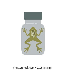 Bottle magic potion with frog. Game icon asset, glass, liquid elixir, Experimental animal in glass bottle. A thermos bottles with frog pattern illustration