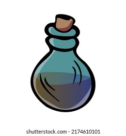 A bottle of magic potion. Lab badge, magic bottle. Graphical interface of the game icon for the interface of the games application. Vector illustration in an isolated cartoon style on a white backgrou