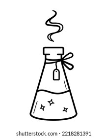 Botella con veneno o veneno mágico. Icono de dibujo manual del vial con elixir con estrellas. Ilustración vectorial aislada en estilo de línea de doodle.