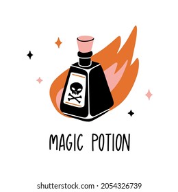 Bottle with magic potion, poison on fire. Doodle boho abstract illustration for tatoo, card, poster, sticker, t-shirt print. Witch symbols. Hand drawn witchcraft esoteric concept. Flat vector