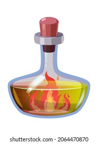 Bottle magic potion with power fire. Game icon asset, glass, liquid elixir, poisine, flask, Vector illustration cartoon for game, app UI