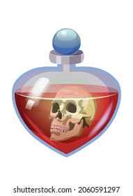 Bottle magic potion with scull. Game icon asset, glass, liquid elixir, poisine, flask, Vector illustration cartoon for game, app UI