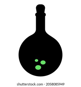 Una botella de poción mágica. Silhouette. Ilustración vectorial. Fondo blanco aislado. Una bebida milagrosa. Caldo de bruja en una botella. Las burbujas verdes están estallando. 