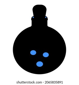 A bottle of magic potion. Silhouette. Vector illustration. Isolated white background. A miraculous drink. Witch decoction in a round bottle. Blue bubbles are flying upwards. The vessel is tightly seal