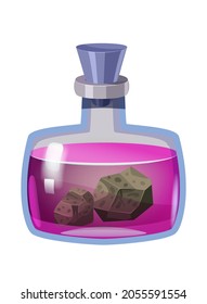 Bottle magic potion with stone. Game icon asset, glass, liquid elixir, poisine, flask, Vector illustration cartoon for game, app UI