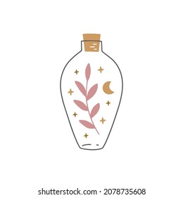 Bottle with magic potion vector illustration. Cartoon witch brew with branch, moon, stars. Mystic and esoteric alchemy element. Hand drawn witchcraft symbol isolated on white background.