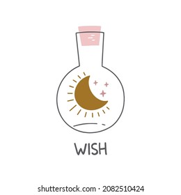 Bottle with magic potion vector illustration. Cartoon witch brew with moon, stars. Mystic and esoteric alchemy element. Hand-drawn witchcraft symbol isolated on white background.