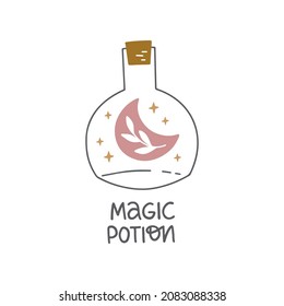 Bottle with magic potion vector illustration. Cartoon witch brew with moon, stars. Mystic and esoteric alchemy element. Hand drawn witchcraft symbol isolated on white background.