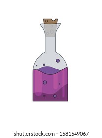 Bottle with magic purple potion isolated on a white background, vector flat illustration.