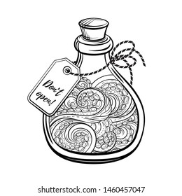 Bottle with magic sea potion. Black and white vector graphic. Antistress coloring page.