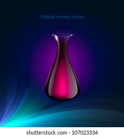  A bottle with magical colorful sparkling and bubbling pink liquid on blue background