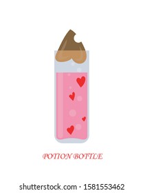 Bottle with magical love love love potion with hearts isolated on white background, vector flat illustration.