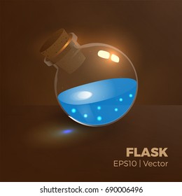 Bottle of mana, magic elixir. Vector illustration of transparent flask with water, blue liquid. Game vial icon, interface for rpg game. Easy to change color. Realistic.