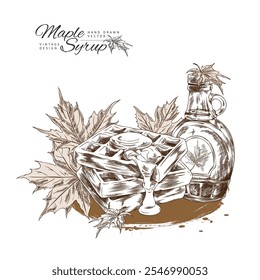 Bottle of maple syrup, waffles and maple leaves. Engraved hand drawn vintage design. Bakery with sweet maple syrup topping sketch composition. Vector illustration isolated on watercolor stain