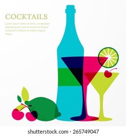 Bottle and martini glass with lime, cherry fruits. Abstract vector background design template with place for text. Concept for bar menu, party, alcohol drinks, celebration holidays.