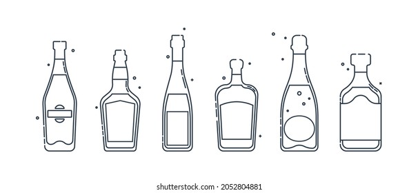 Botella martini whisky licor de vino champán de ron arte en estilo plano. Ilustración alcohólica de restaurante para el diseño de celebración. Elemento de contorno de diseño. Icono de esquema de bebida. Vector.